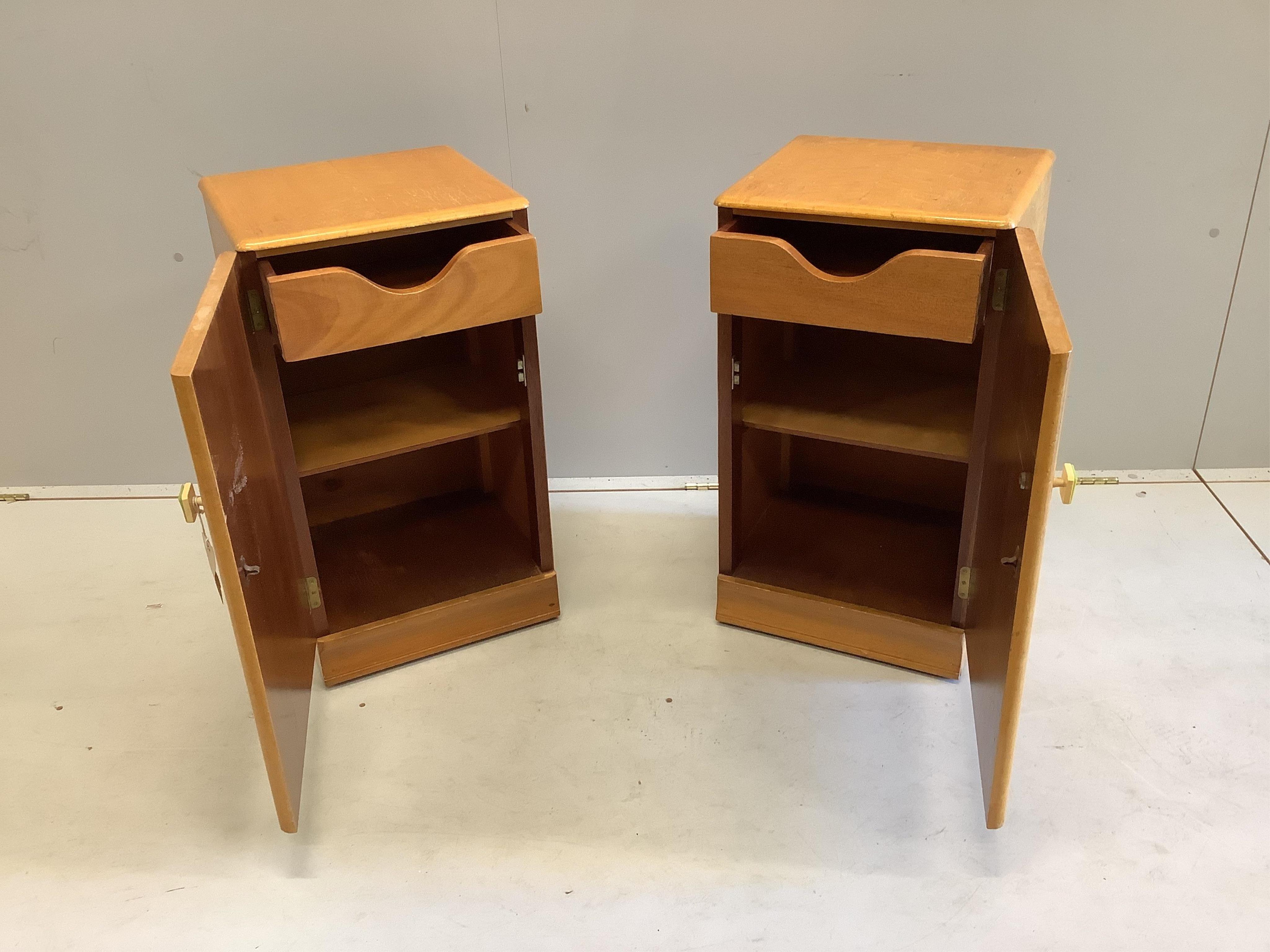 A pair of Art Deco bird's eye maple bedside cabinets, width 36cm, depth 34cm, height 67cm